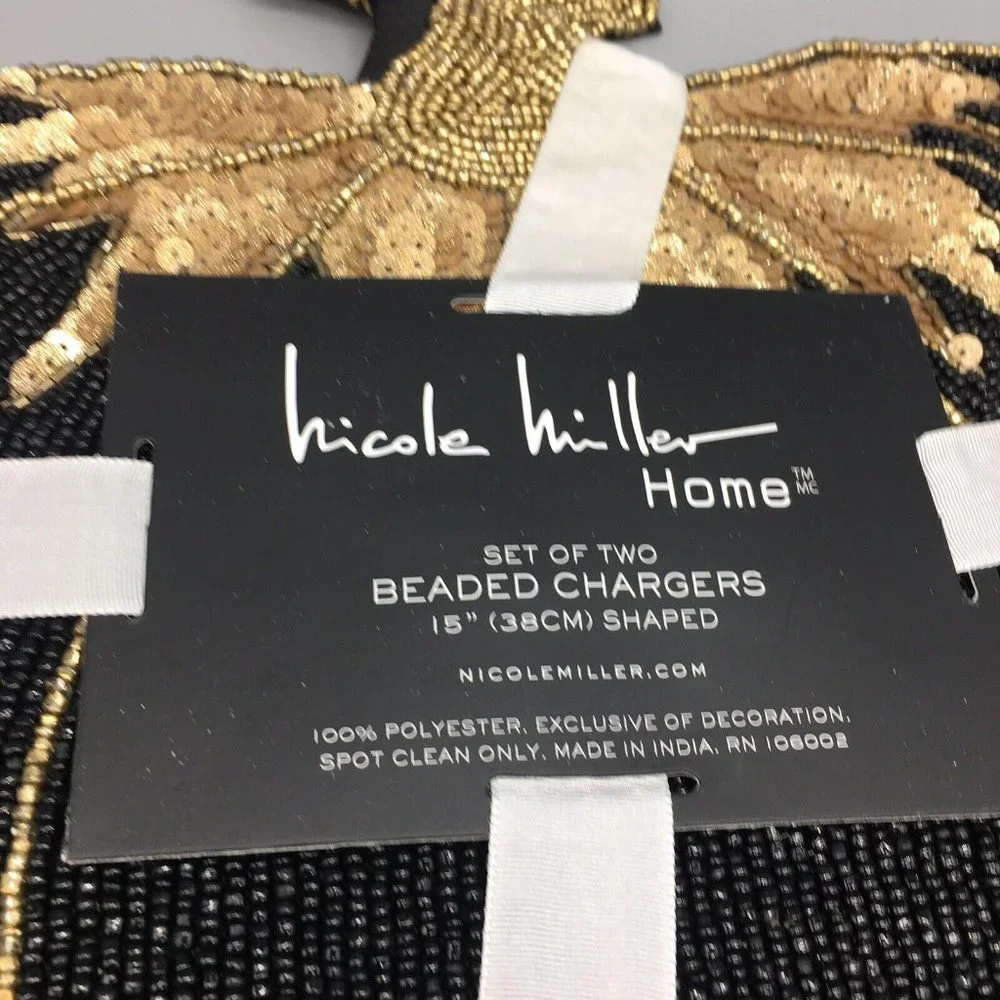 x4 Nicole Miller Halloween Beaded Pumpkin Placemat Set Black Gold Designer Decor